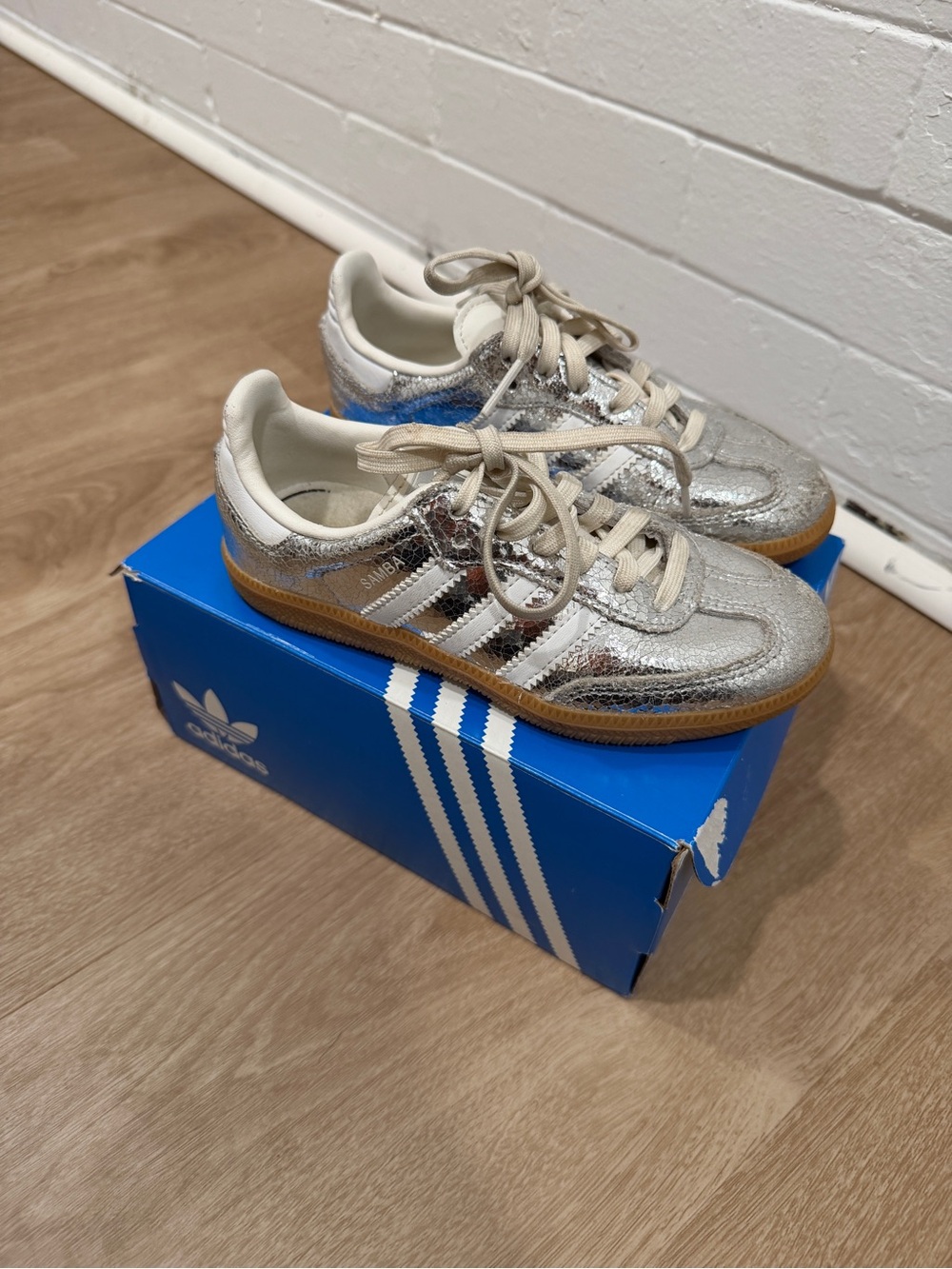 Adidas Kids Metallic Silver Samba Sneakers with Gum Sole